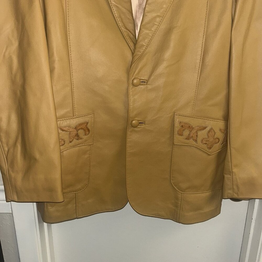 Vintage The Leather Factory Pharr Texas Embroidered Tan Leather Jacket Size 44 - Picture 4 of 12